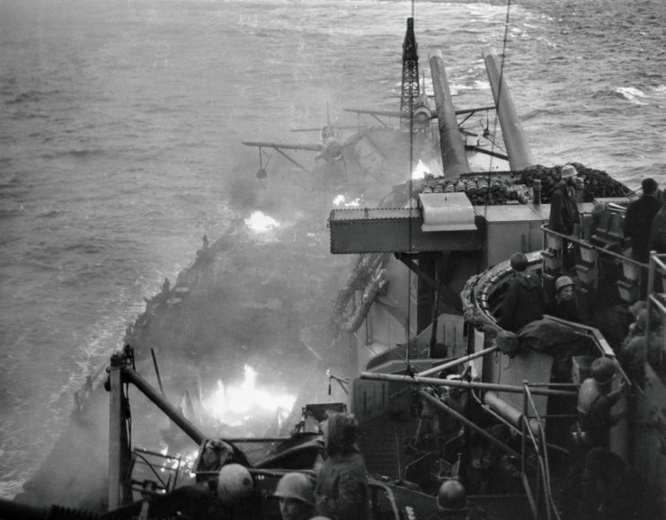 Fire raging on the main deck of the USS Nevada (BB-36)