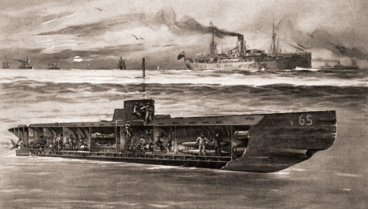 Drawing of a German U-boat below the water, with a ship in the distance