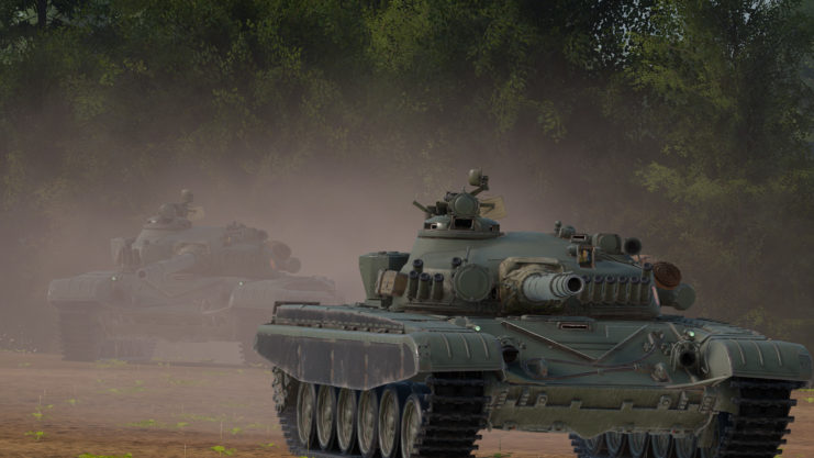 Still from 'Gunner, HEAT, PC!' featuring two tanks driving down a dirt road