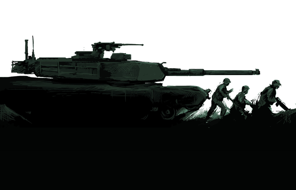 Illustration of three soldiers running in front of a tank