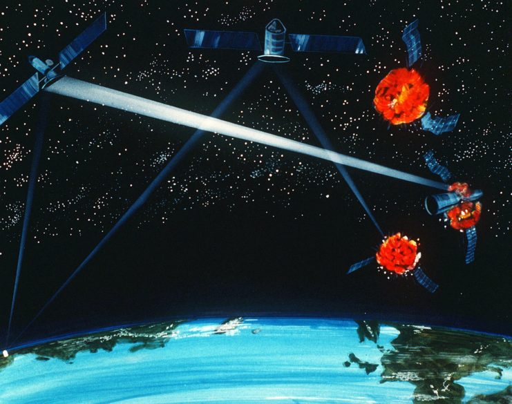 Artist's depiction of a ground- and space-based hybrid laser weapon