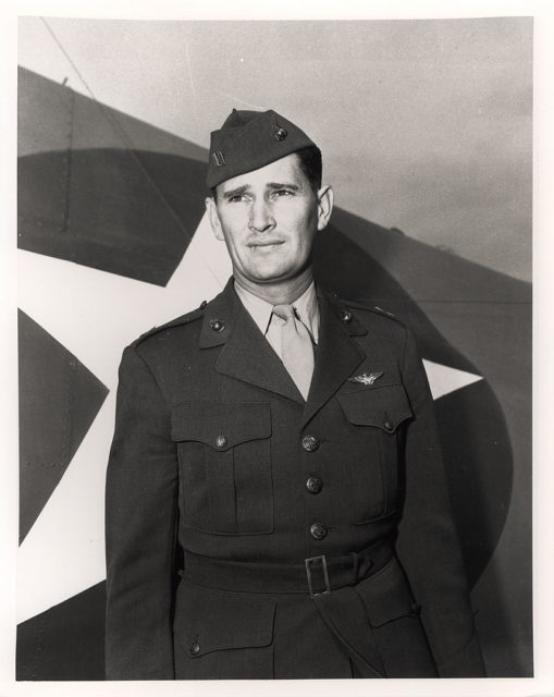 Joe Foss standing in his US Marine Corps uniform