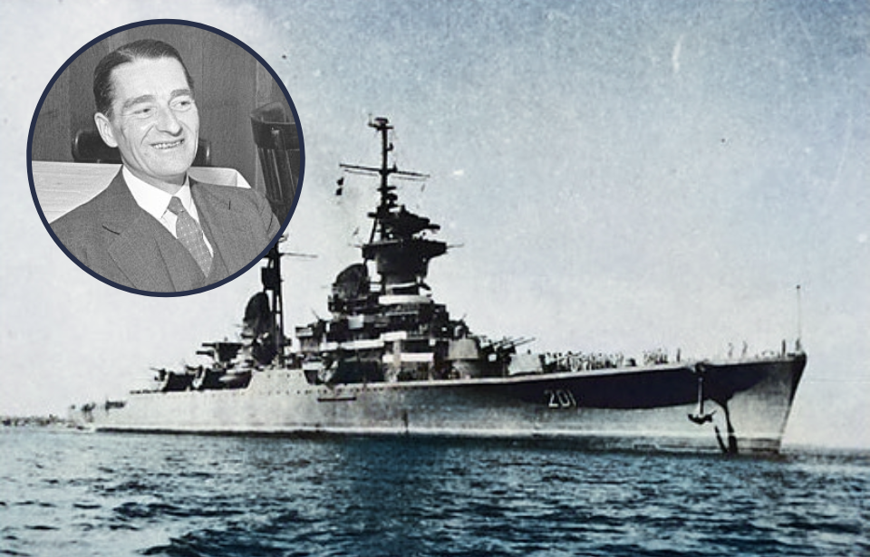 Soviet cruiser Ordzhonikidze at sea + Lionel Crabb wearing a suit