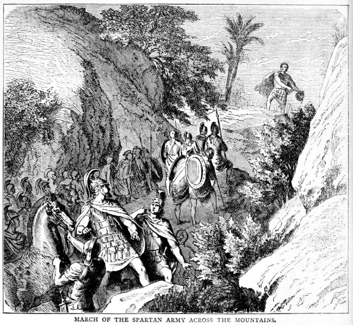 Illustration of Spartans walking along a mountain trail