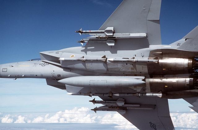 Underside of a McDonnell Douglas F-15C Eagle while it's in flight