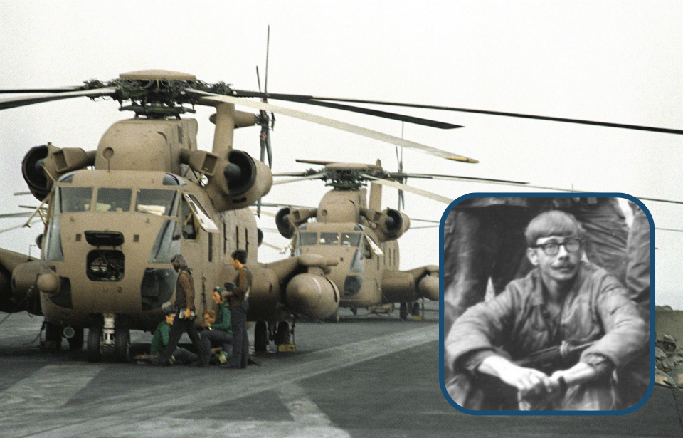 Three Sikorsky RH-53 Sea Stallions parked on the deck of an aircraft carrier + Mike Vining sitting with his arms resting on his knees