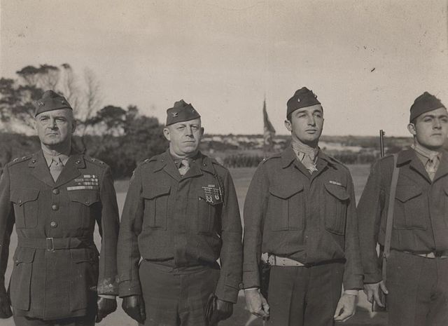 Alexander Vandegrift, Merritt Edson, Mitchell Paige and John Basilone standing together