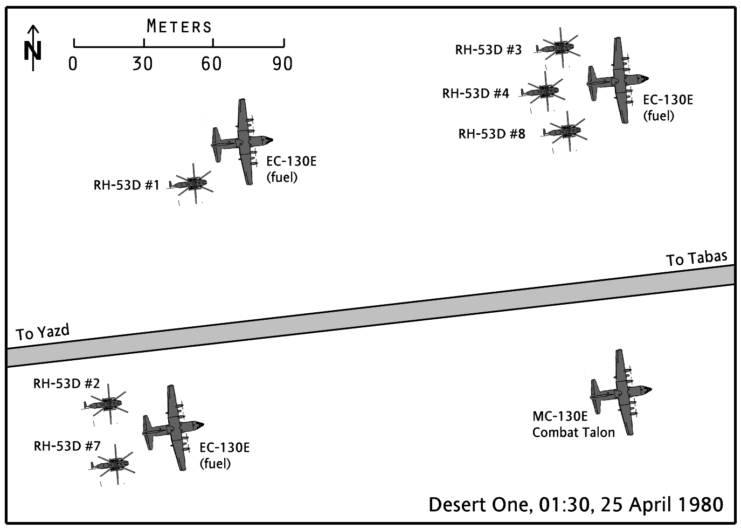 Map detailing the position of aircraft and helicopters at the site of "Desert One"