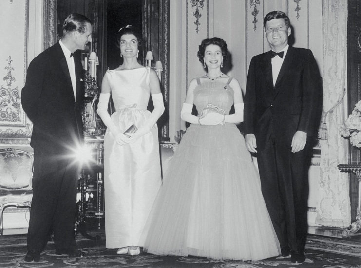 Prince Philip and Queen Elizabeth II standing with John F. and Jacqueline Kennedy