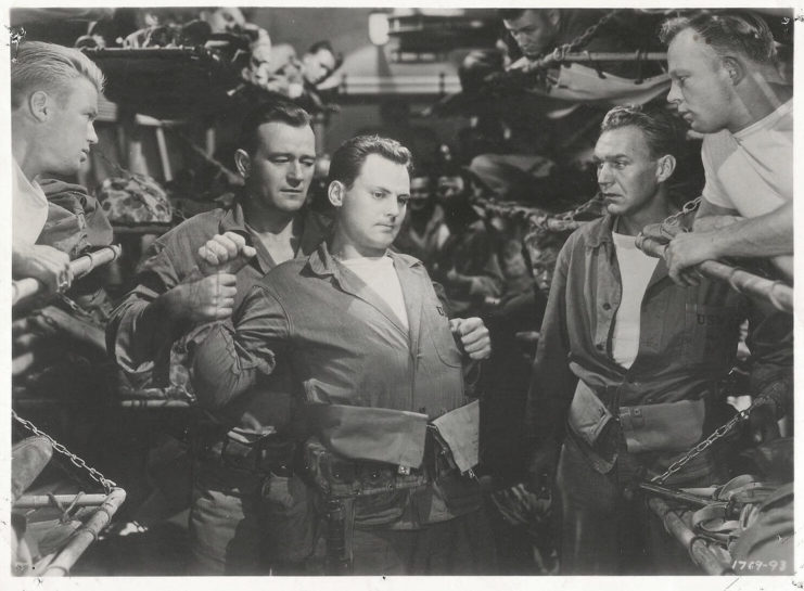 John Wayne, John Agar, Forrest Tucker and Martin Milner as Sgt. John M. Stryker, Pfc. Peter T. Conway, Pfc. Al J. Thomas and Pvt. Mike McHugh in 'Sands of Iwo Jima'