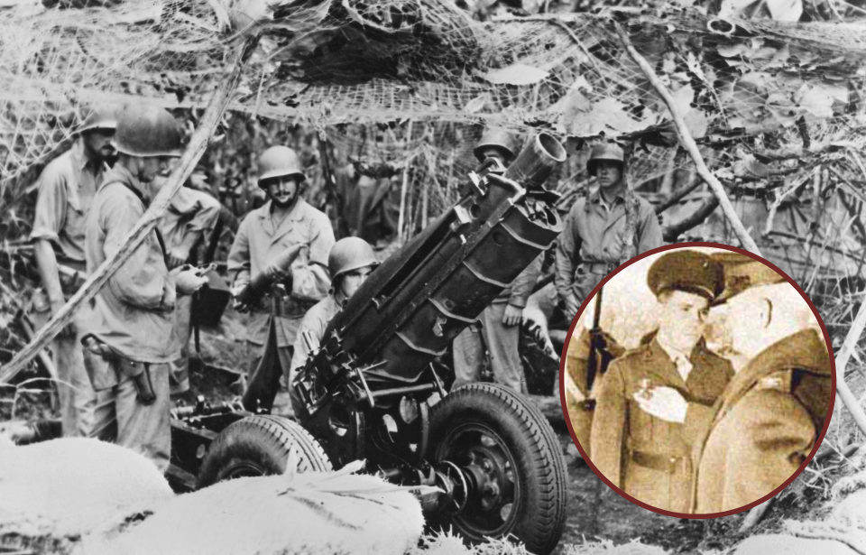 US Marines manning a 75 mm Pack Howitzer M1 + Al Schmid being presented with the Navy Cross