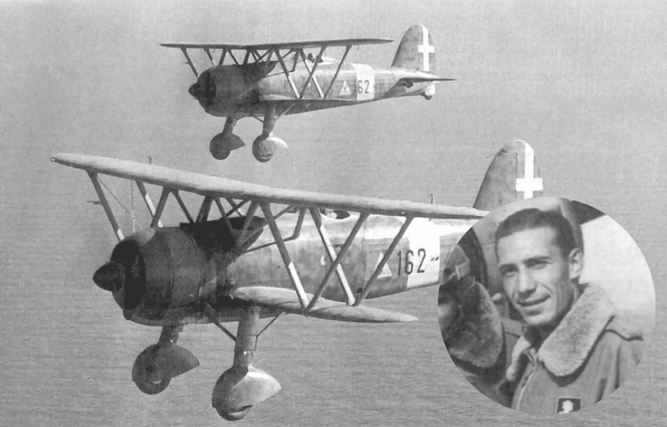 Two Fiat CR.42 Falcos in flight + Teresio Martinoli standing near an aircraft in his pilot's jacket