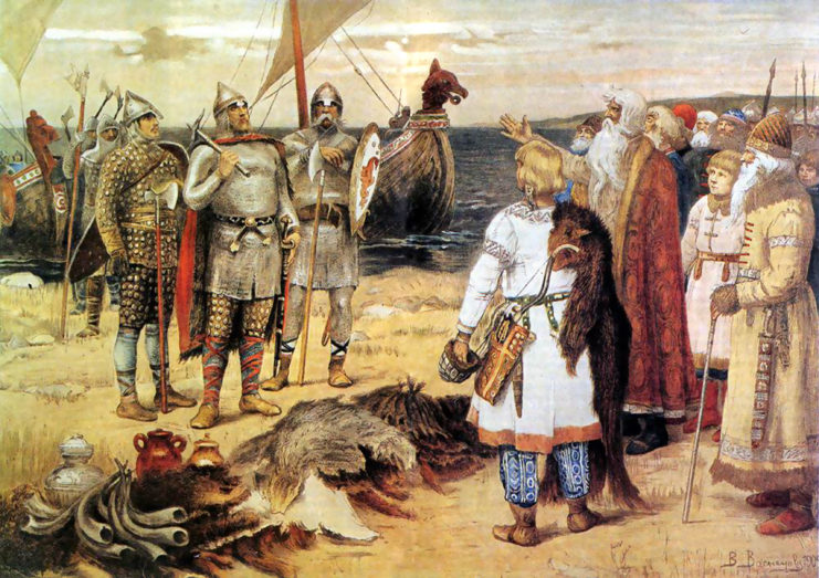 Painting of Varangians being greeted by local people