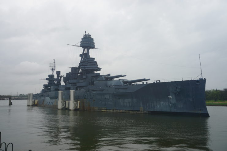 USS Texas (BB-35) anchored at the San Jacinto Battleground State Historic Site