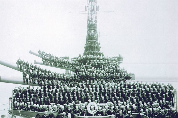 Crew of the USS Texas (BB-35) standing together on deck