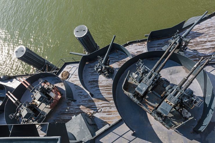 Overhead view of the guns on the deck of the USS Texas (BB-35)