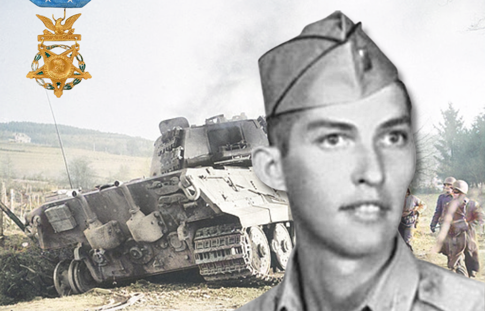 US soldiers walking by a smoking Tiger tank + Military portrait of Van Barfoot + Medal of Honor