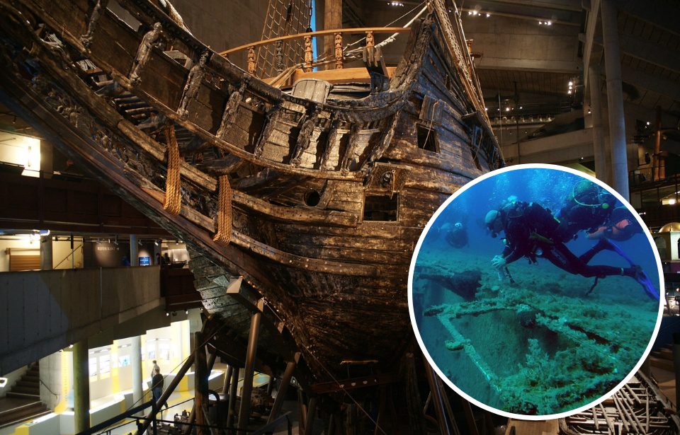 Vasa on display at the Vasa Museum + Divers swimming near the wreck of the MS Zenobia