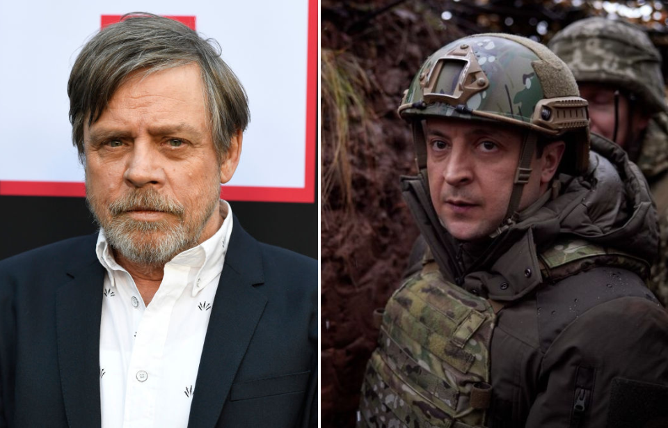 Mark Hamill standing on a red carpet + Volodymyr Zelenskyy wearing military fatigues
