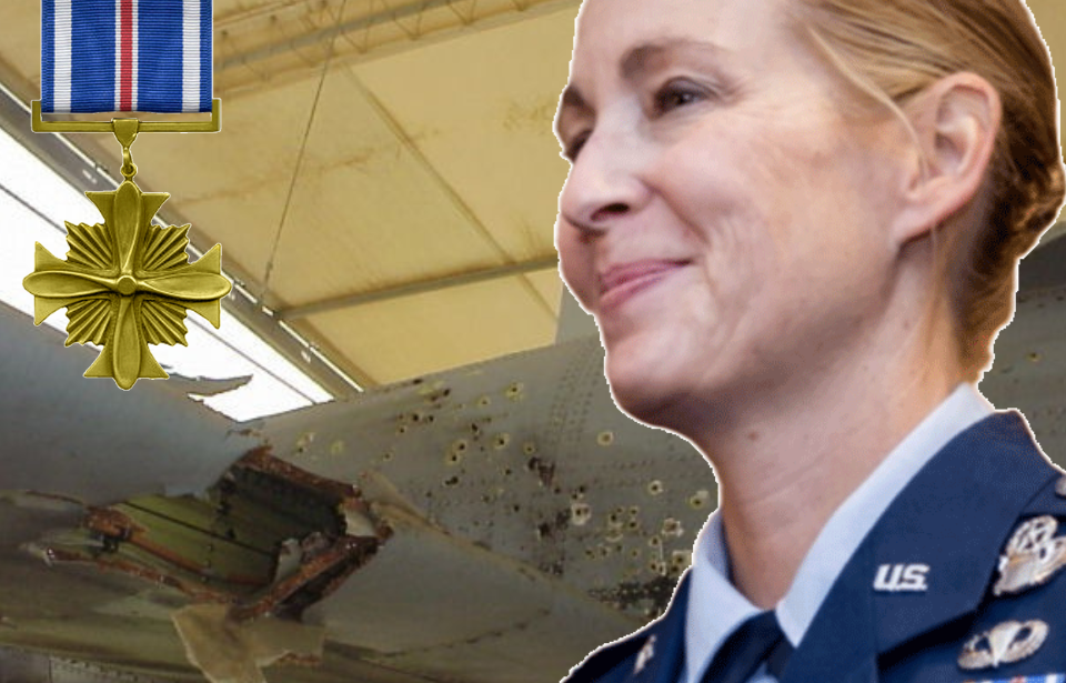 Bullet-ridden Republic Fairchild A-10 Thunderbolt II + Distinguished Flying Cross + Kim Campbell in her US Air Force uniform