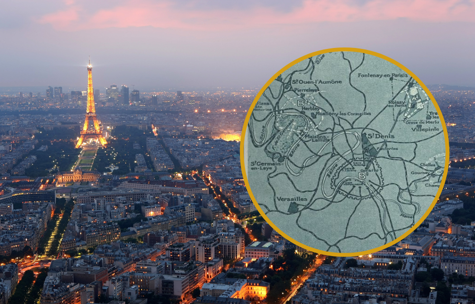 Aerial view of Paris at sunset + Map showing the streets of faux Paris