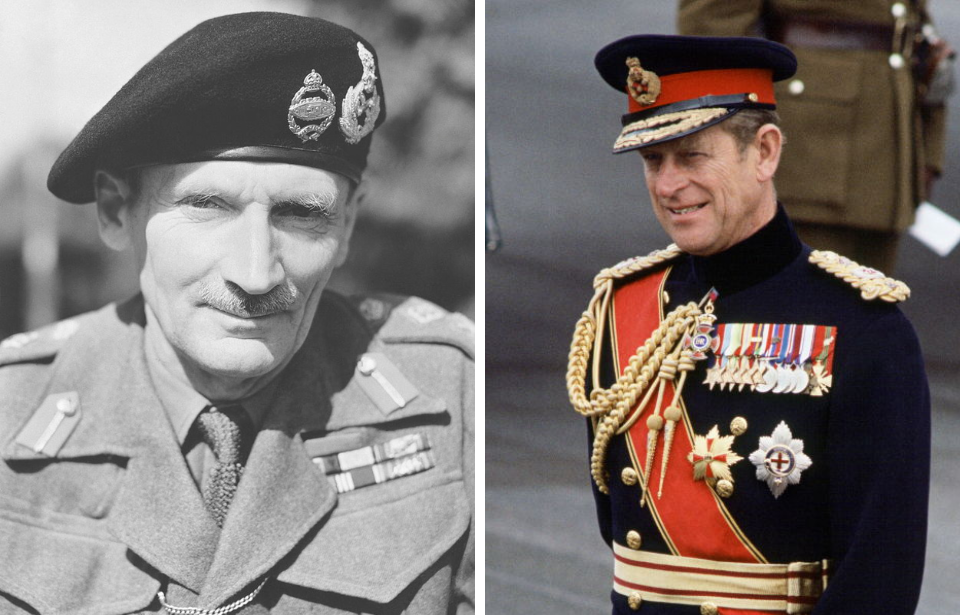 Side by side photos of Bernard Law Montgomery wearing a Field Marshal uniform with beret, and Prince Philip wearing Field Marshal uniform.