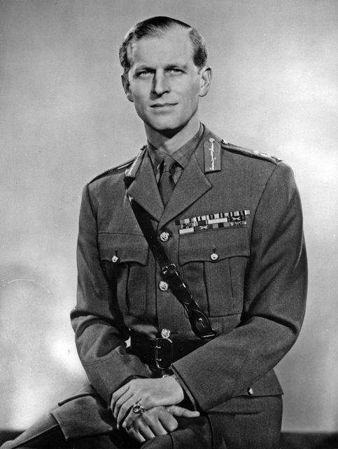 Prince Philip Mountbatten sitting for a portrait in the military dress of a field marshal with his hands resting on his lap.