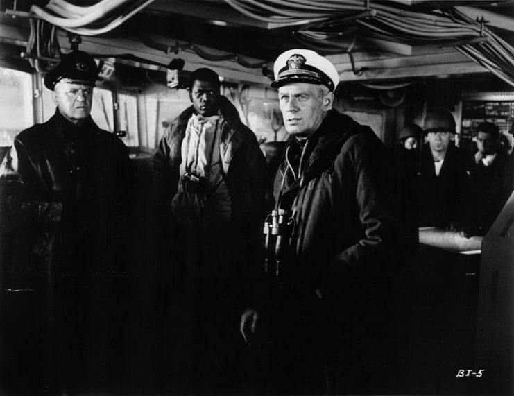 Richard Widmark, Sidney Poitier and Eric Portman as Capt. Eric Finlander, Ben Munceford and Commodore Wolfgang Schrepke in 'The Bedford Incident'