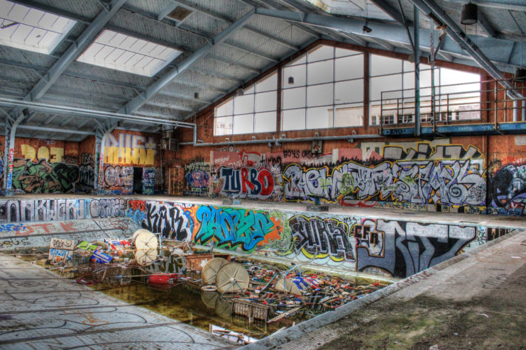 Graffiti-covered pool at Fort Ord