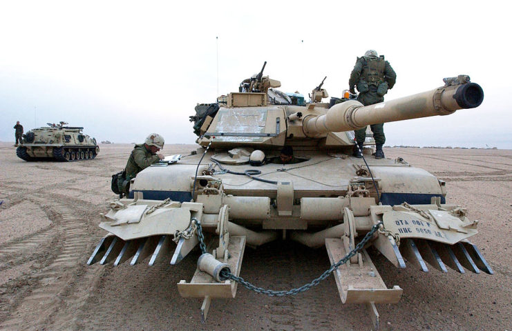 An M1 Abrams tank with mine plow 