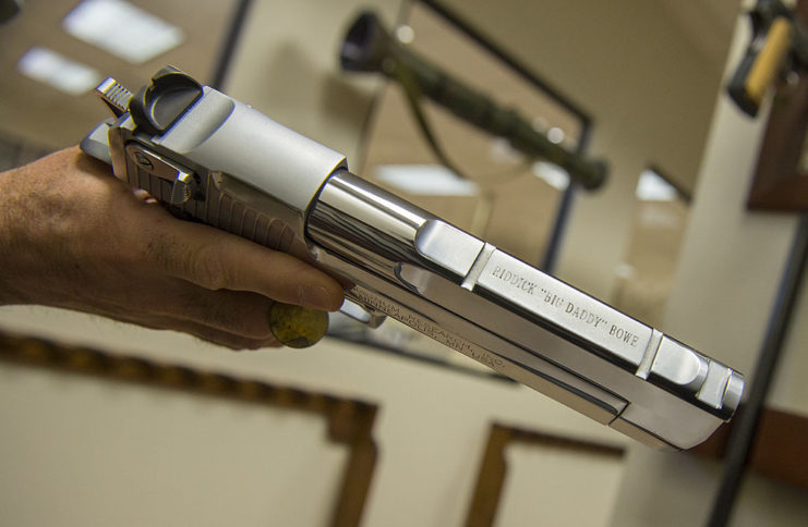 Close-up of someone holding a Desert Eagle