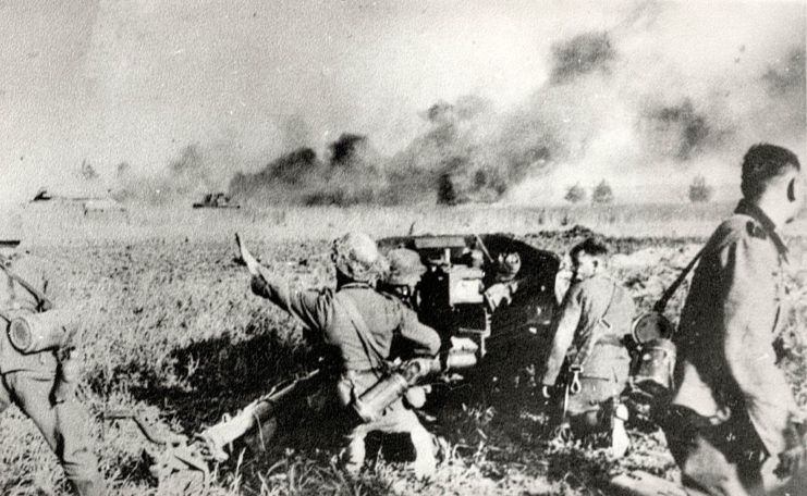 Soldiers in position on the battlefield
