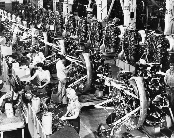 Factory workers constructing Wright Cyclone engines