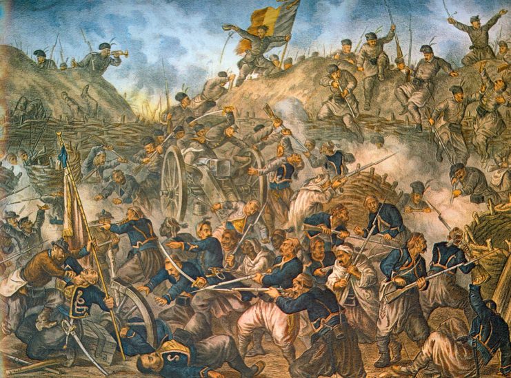 Painting of Russian and Romanian soldiers fighting against Ottoman troops