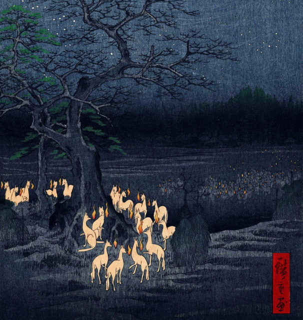 Painting of glowing foxes standing around a tree at night