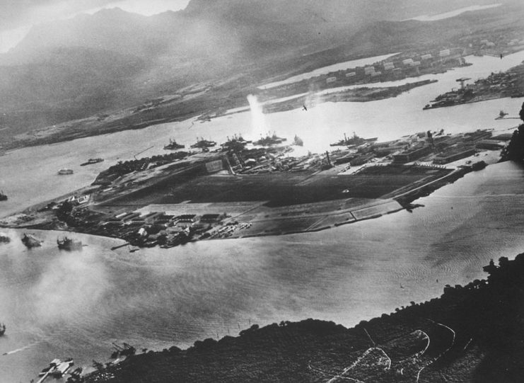 Aerial view of Ford Island during the Japanese attack on Pearl Harbor