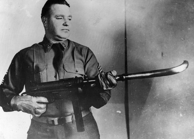 US soldier holding an M3 with a curved barrel