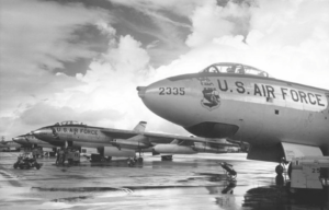 Boeing B-47 Stratojets parked on a runway