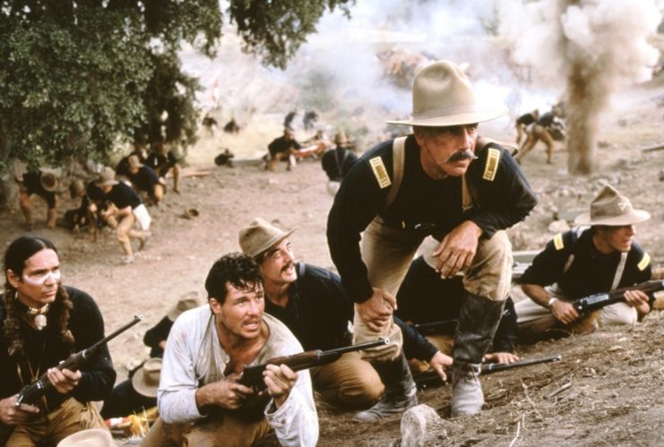 Sam Elliott, Michael Greyeyes and Brad Johnson as Capt. Bucky O'Neill, Delchaney and Henry Nash in 'Rough Riders'