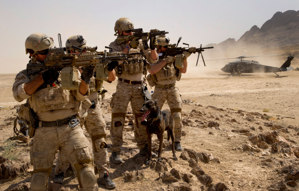 Four US Navy SEALs aiming their firearms