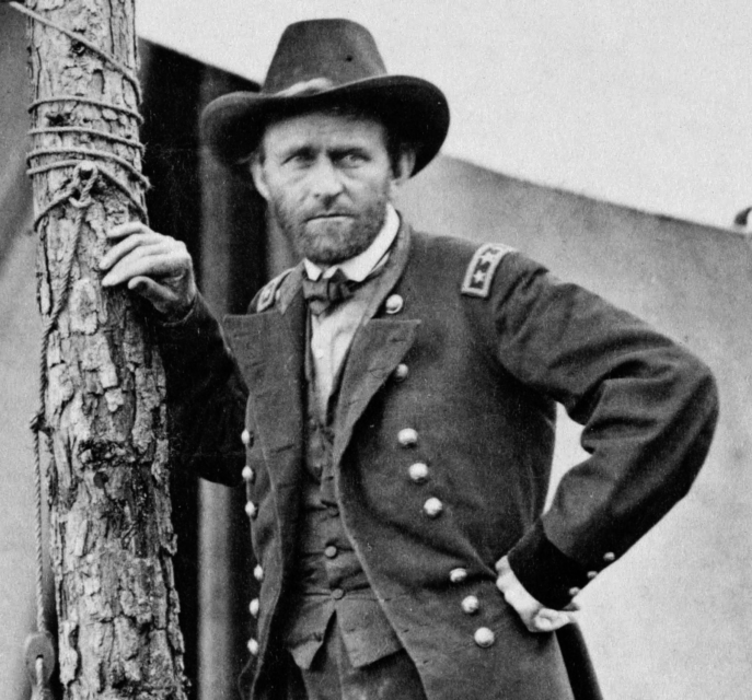 Ulysses S. Grant leaning against a tree