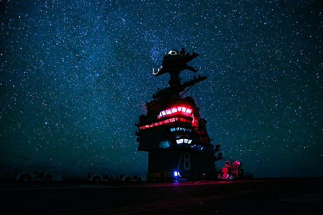 Superstructure of the USS Gerald R. Ford (CVN-78) at night