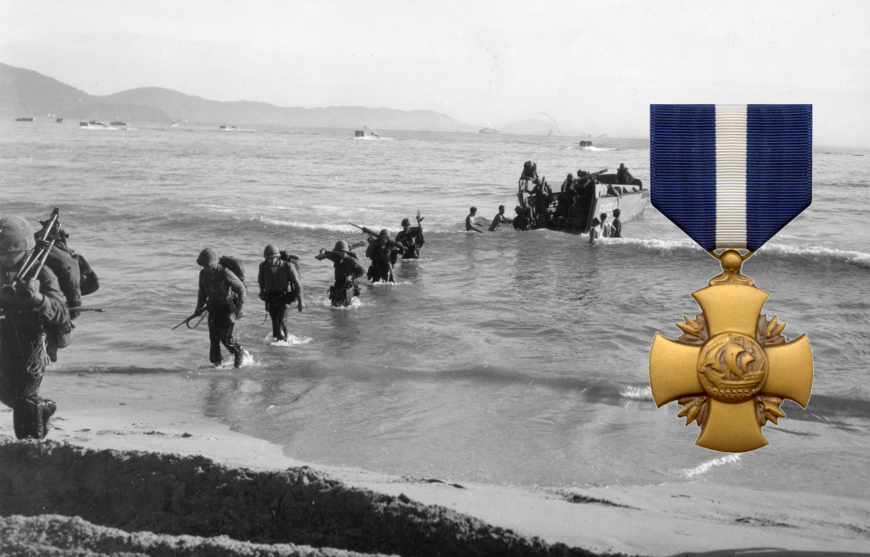 Soldiers walking ashore in Vietnam + Navy Cross
