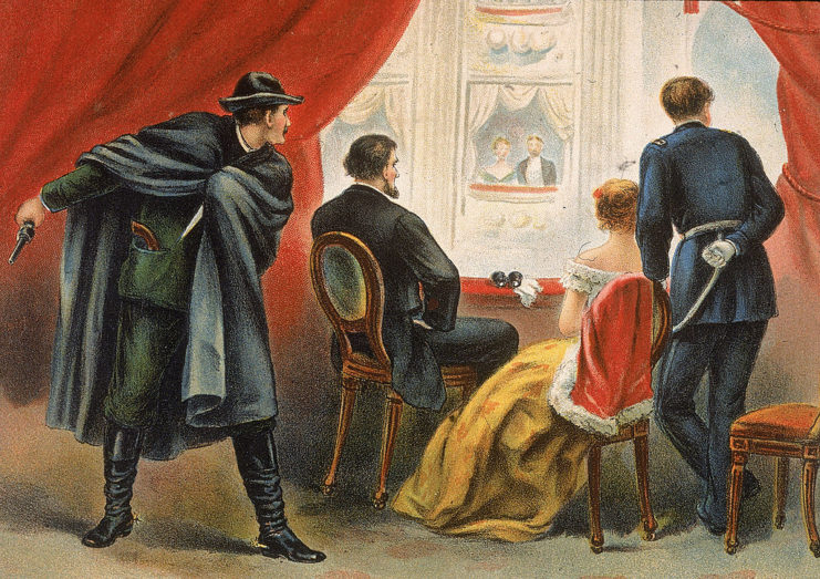 Drawing of Abraham Lincoln sitting by a balcony at the Ford Theatre