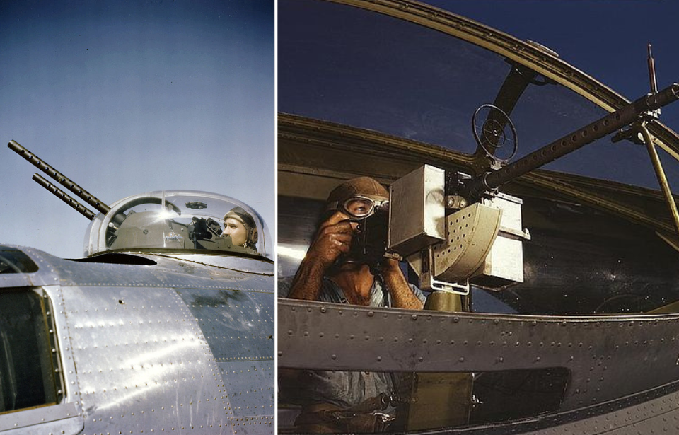 Walter R. Newbury sitting in the top turret of a Consolidated B-24 Liberator + Jesse Rhodes Waller aiming the .30-caliber machine gun of a Consolidate PBY Catalina