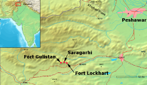 Map showing the locations of Fort Gulistan, Fort Lockhart and the Saragarhi outpost