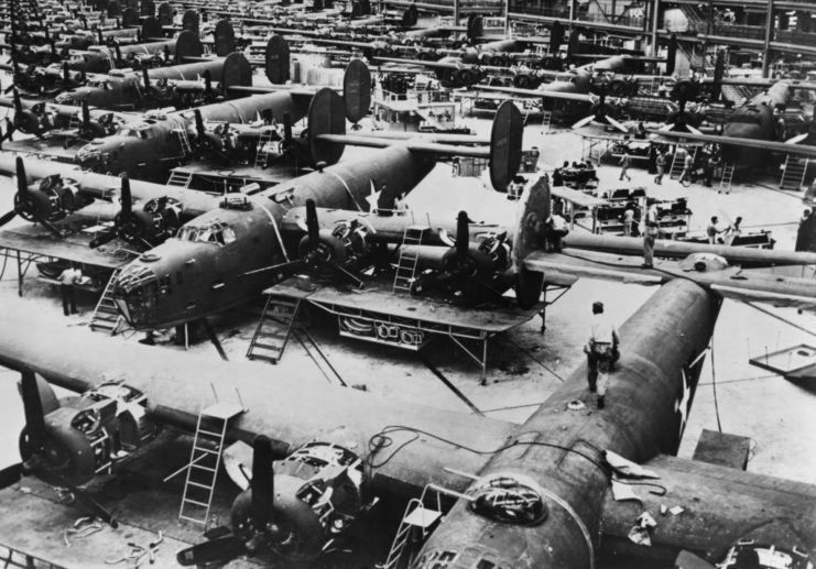 Consolidated B-24 Liberators being constructed on a factory floor
