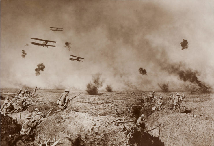 Aircraft flying over trenches during the Battle of Polygon Wood