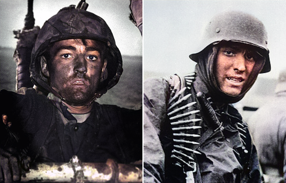 Portrait of a US Marine + German machine gunner with an ammunition belt around his neck