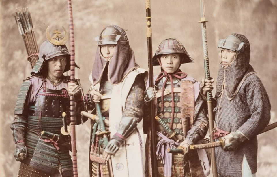 Portrait of four samurai dressed in armor